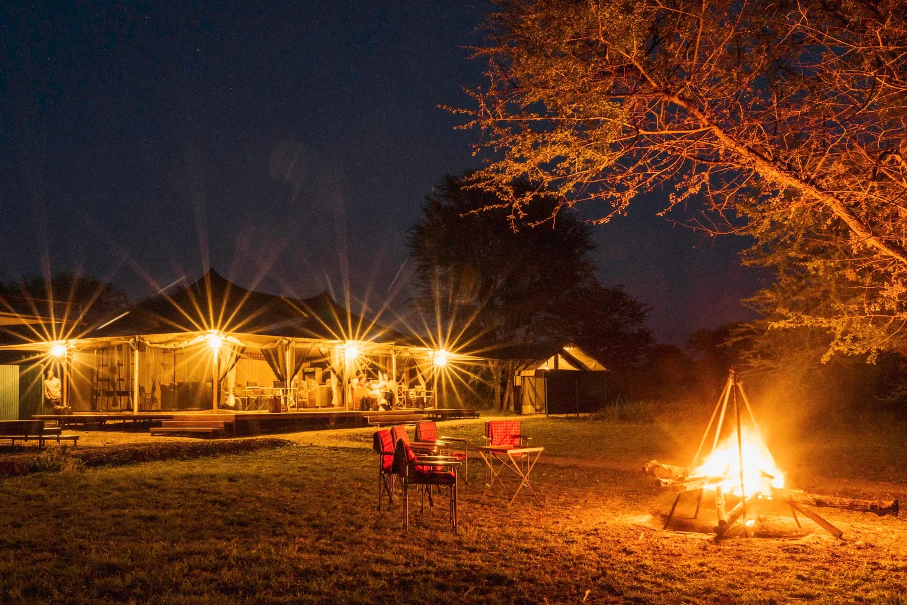 Campfire and lit tents at night