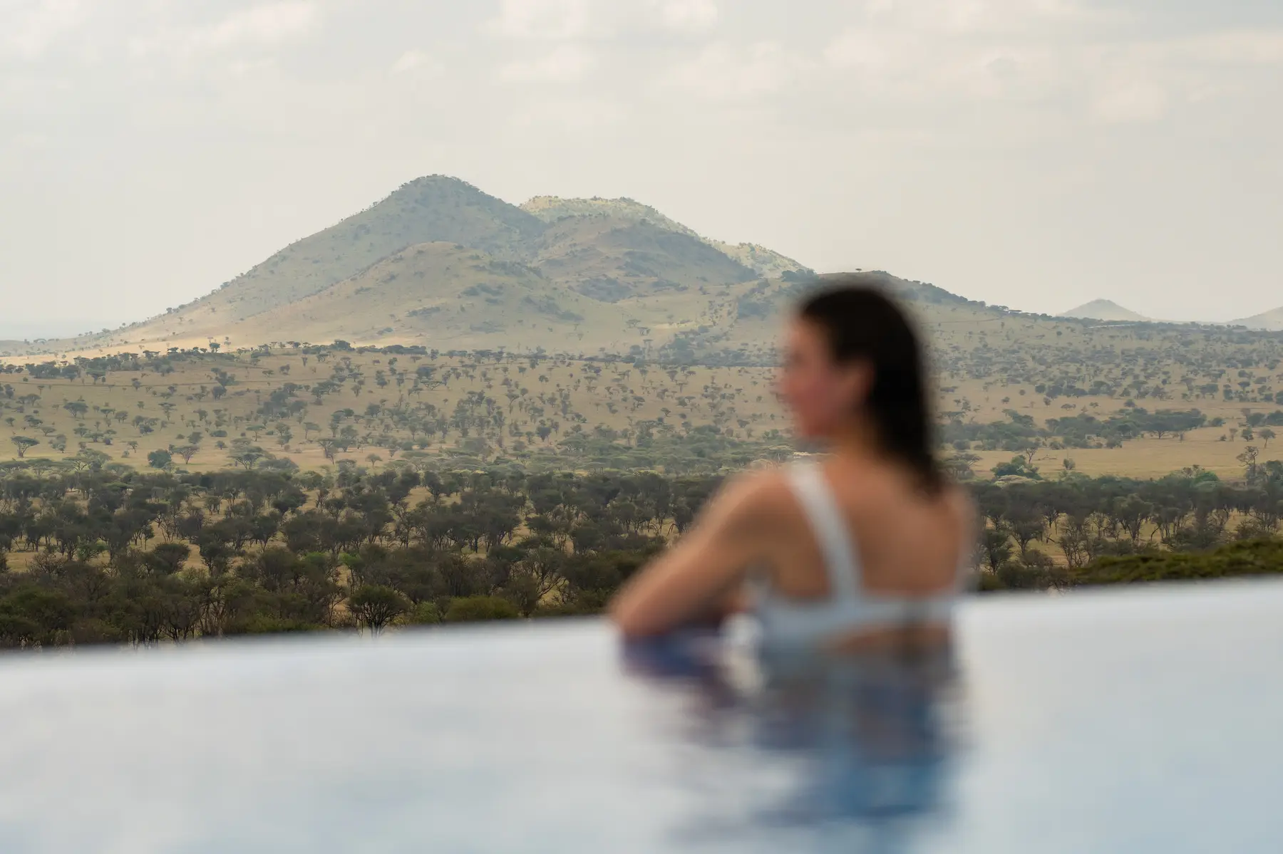 A guest in the infinity pool facing a Serengeti hill