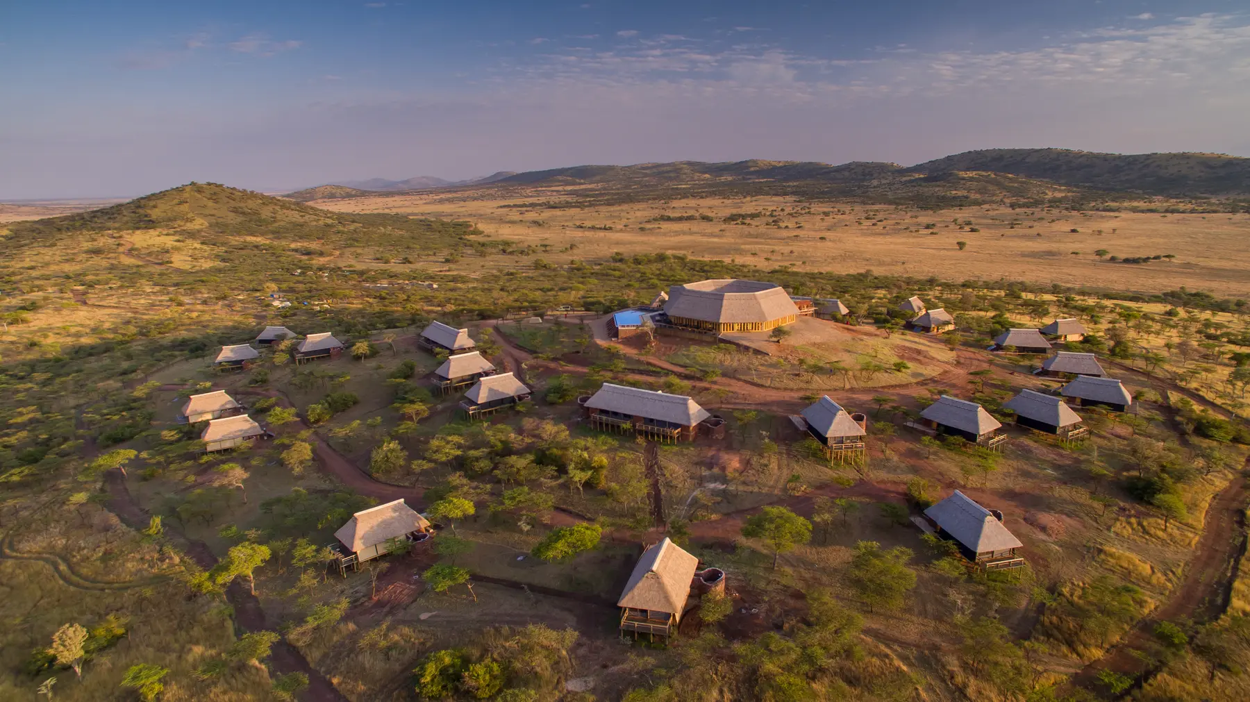 Aerial view of the tents scattered across the hillside